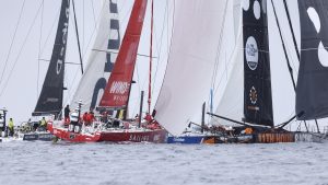 The finish of Leg One of The Ocean Race Europe from Lorient, France to Cascais, Portugal.